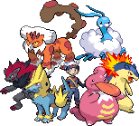 gen 3 sprite of the ruby/sapphire male protagonist alongside a therian-forme landorus, altaria, manectric, typhlosion, lickilicky, and zoroark
